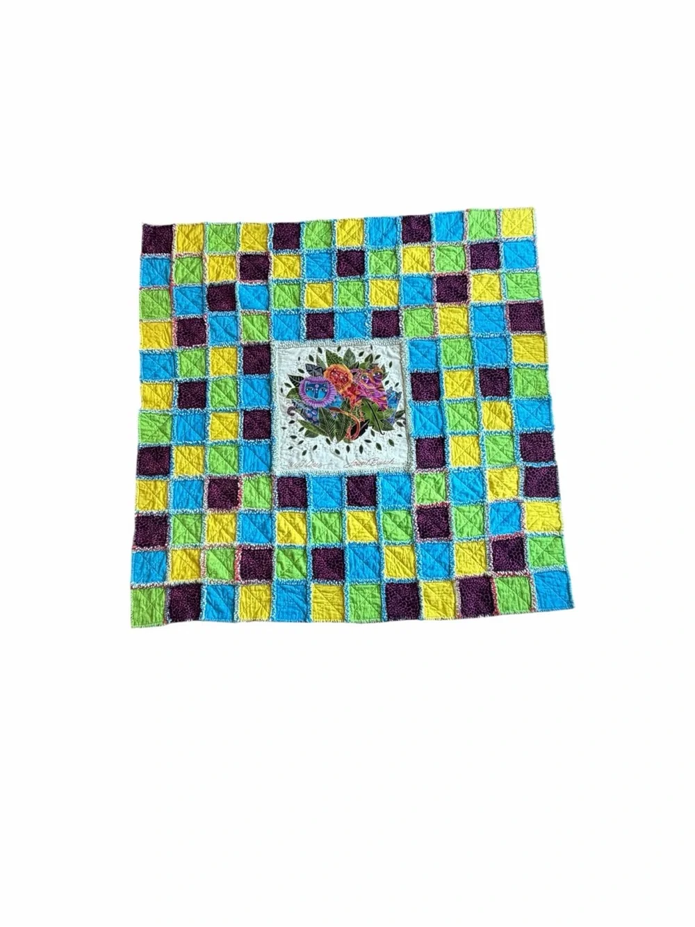 Handmade Laurel Burch “Wild Ones” Rag Quilt Throw 57” x 56” Vintage Cat Art